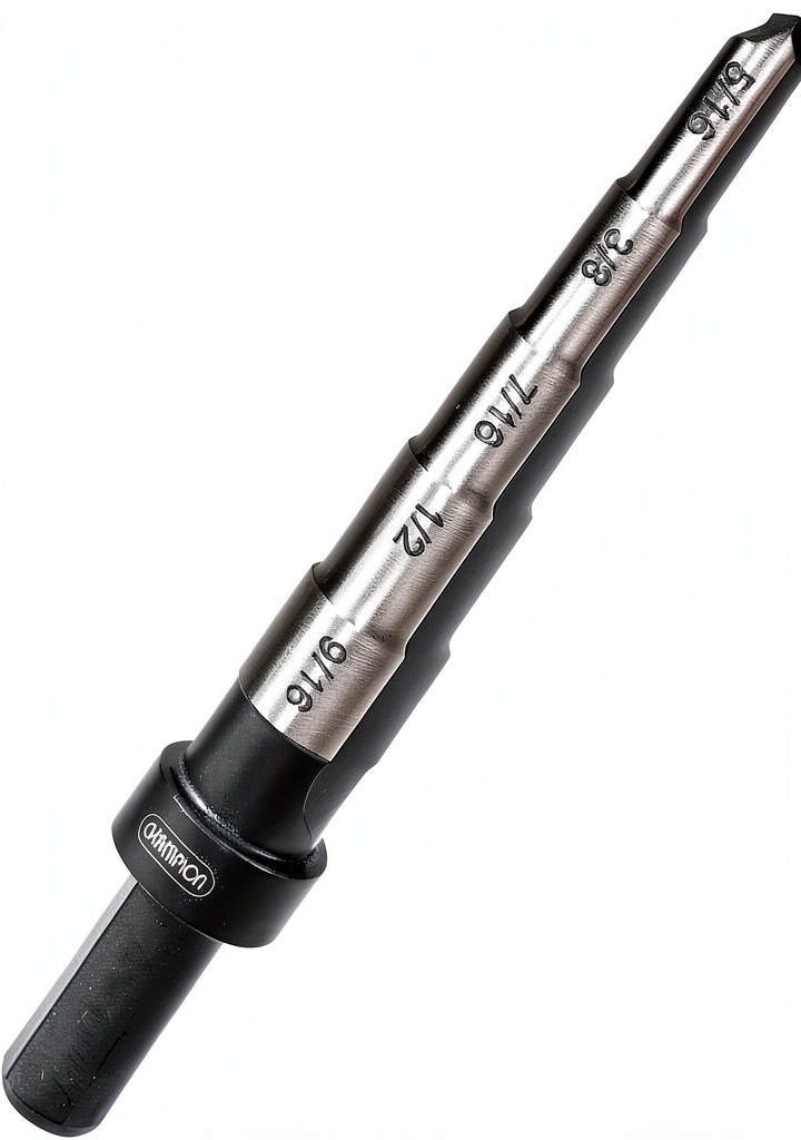 Champion Step Reamer installed on a workbench showing all five step sizes