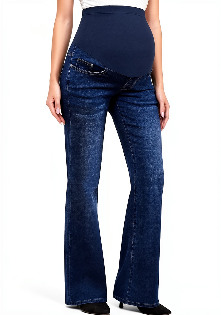 GLAMIX Women's Stretch Maternity Bootcut Jeans displayed on a wooden table with a measuring tape and baby bump silhouette