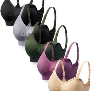 Angelhood Nursing Bra 5 Pack Womens Maternity Breastfeeding Seamless Wireless Sleep Bra with Extenders-0