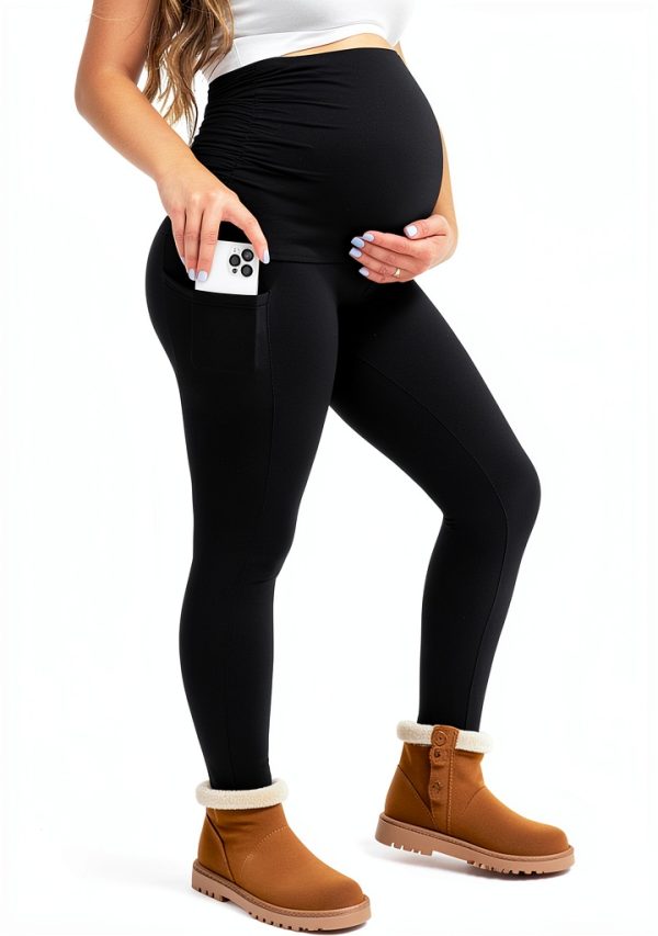 Maternity Fleece Lined Leggings with Pockets, Warm Pregnancy Buttery Soft Yoga Workout Pants Winter-0